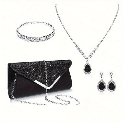 Elegant Set: Luxe Rhinestone Earrings, Necklace & Bracelet - Black, Shoulder Bag,