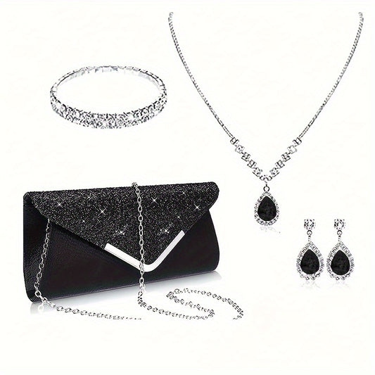 Elegant Set: Luxe Rhinestone Earrings, Necklace & Bracelet - Black, Shoulder Bag,