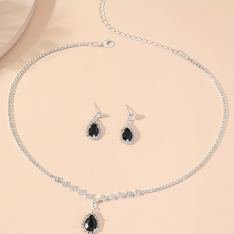 Elegant Set: Luxe Rhinestone Earrings, Necklace & Bracelet - Black, Shoulder Bag,
